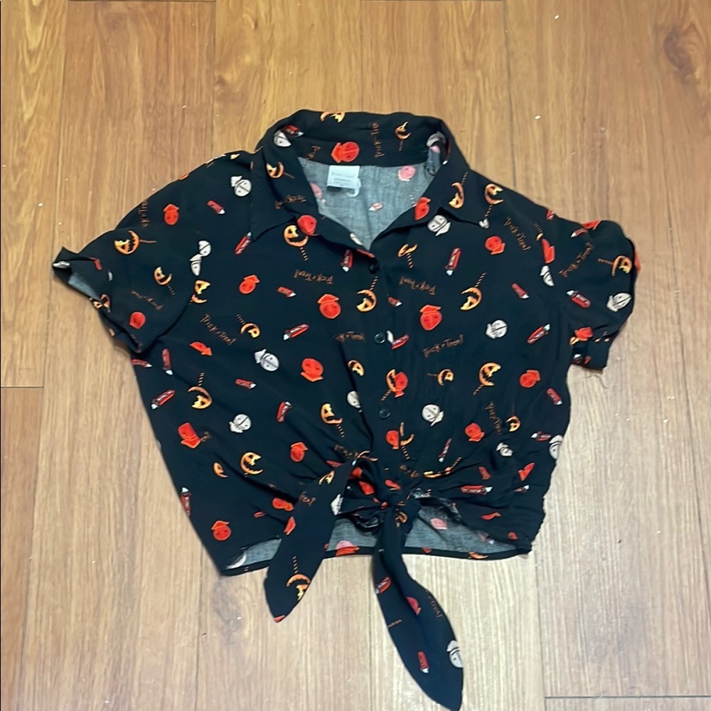 Black Button-Up Crop Top with Fun Print